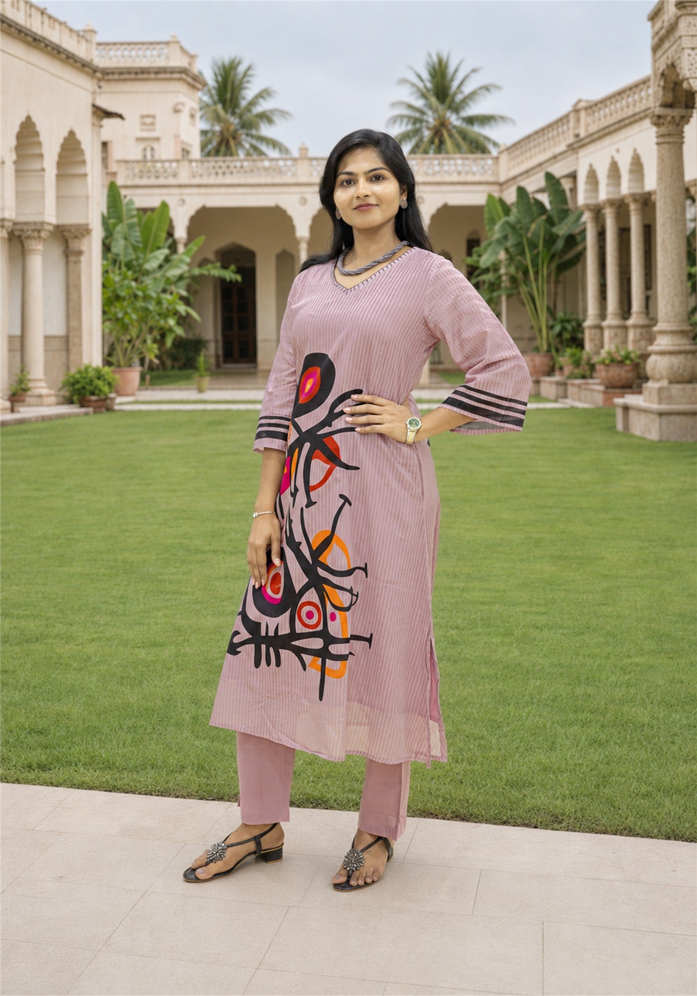 Dusty Pink Cotton Abstract Print Kurta Pant Set - Ashoka Threads - K2-D2-26-PIN - view 4