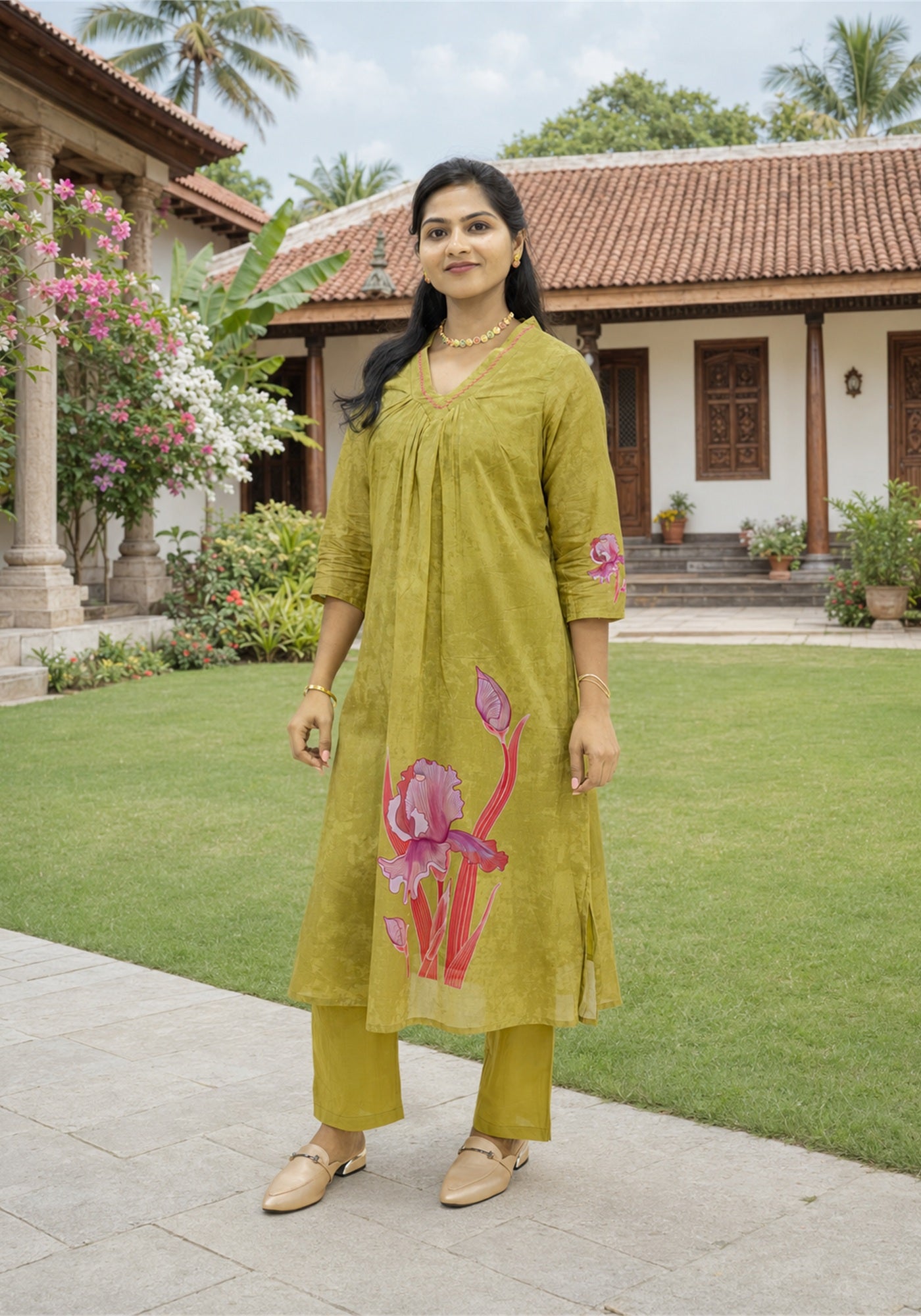 Olive Green Cotton Floral Print Kurta Pant Set - Ashoka Threads - K2-D3-26-OLI - view 1