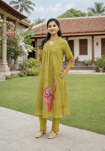 Olive Green Cotton Floral Print Kurta Pant Set - Ashoka Threads - K2-D3-26-OLI - view 2