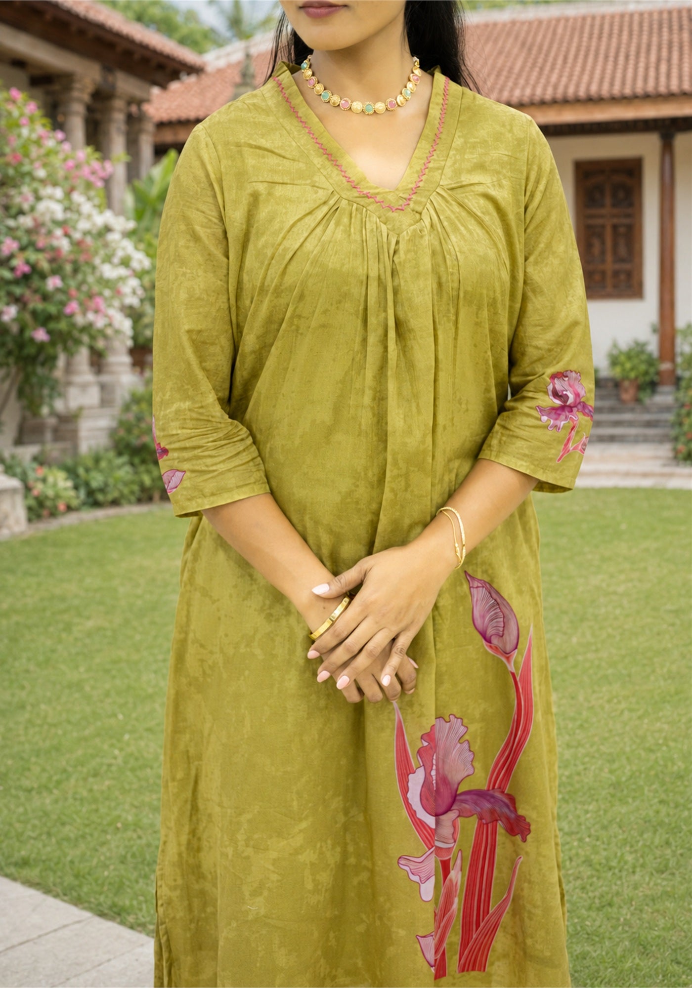 Olive Green Cotton Floral Print Kurta Pant Set - Ashoka Threads - K2-D3-26-OLI - view 4