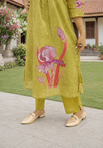 Olive Green Cotton Floral Print Kurta Pant Set - Ashoka Threads - K2-D3-26-OLI - view 5