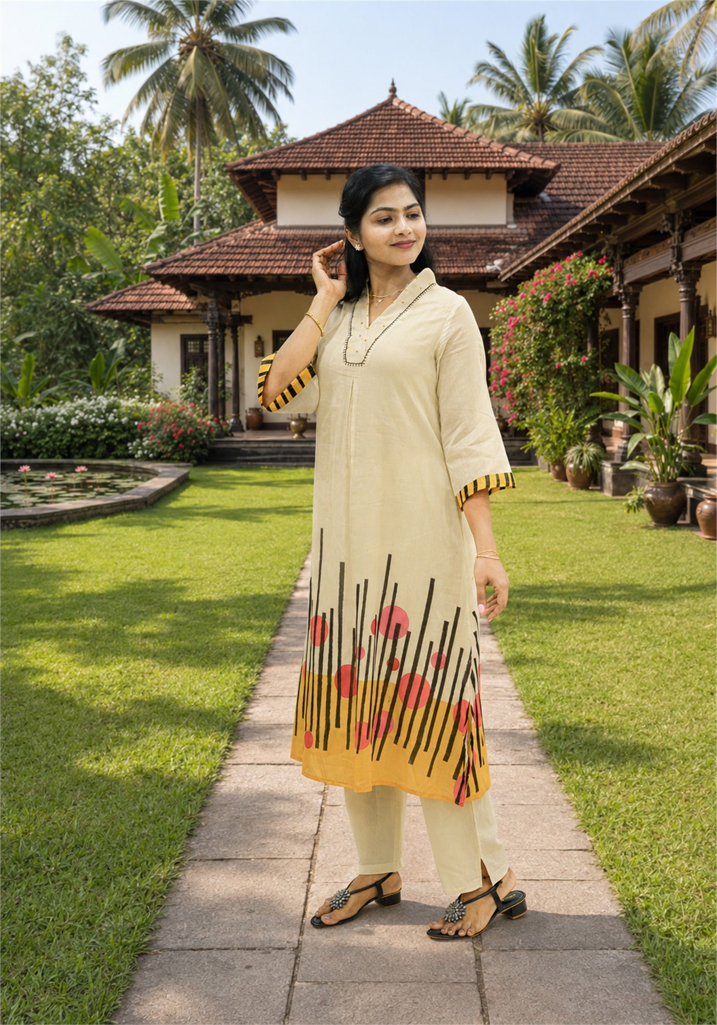 Cream Yellow Cotton Floral Border Kurta Pant Set - Ashoka Threads - K2-D4-26-CRE - view 1