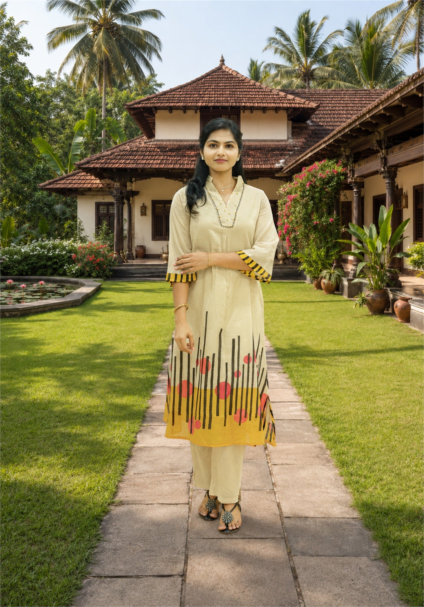 Cream Yellow Cotton Floral Border Kurta Pant Set - Ashoka Threads - K2-D4-26-CRE - view 2