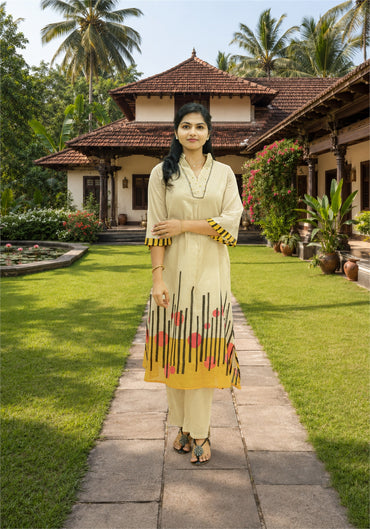 Cream Yellow Cotton Floral Border Kurta Pant Set - Ashoka Threads - K2-D4-26-CRE - view 2