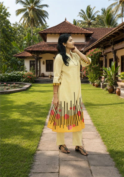 Cream Yellow Cotton Floral Border Kurta Pant Set - Ashoka Threads - K2-D4-26-CRE - view 3
