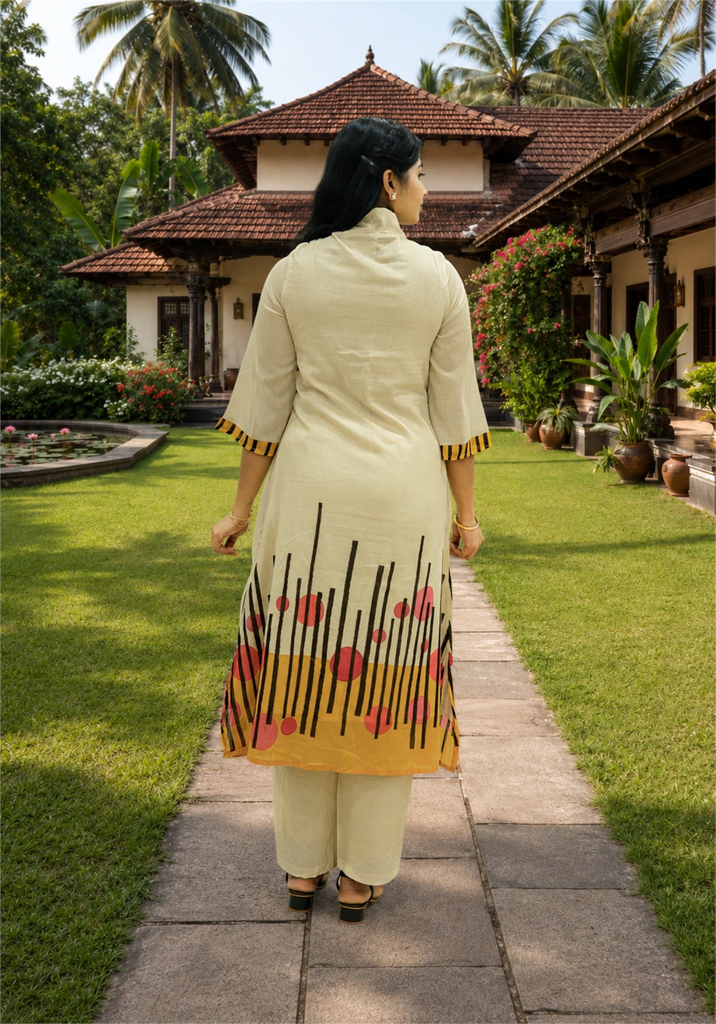 Cream Yellow Cotton Floral Border Kurta Pant Set - Ashoka Threads - K2-D4-26-CRE - view 5