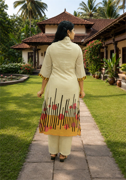 Cream Yellow Cotton Floral Border Kurta Pant Set - Ashoka Threads - K2-D4-26-CRE - view 5