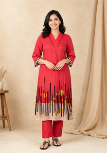 Red Cotton Floral Border Kurta Pant Set - Ashoka Threads