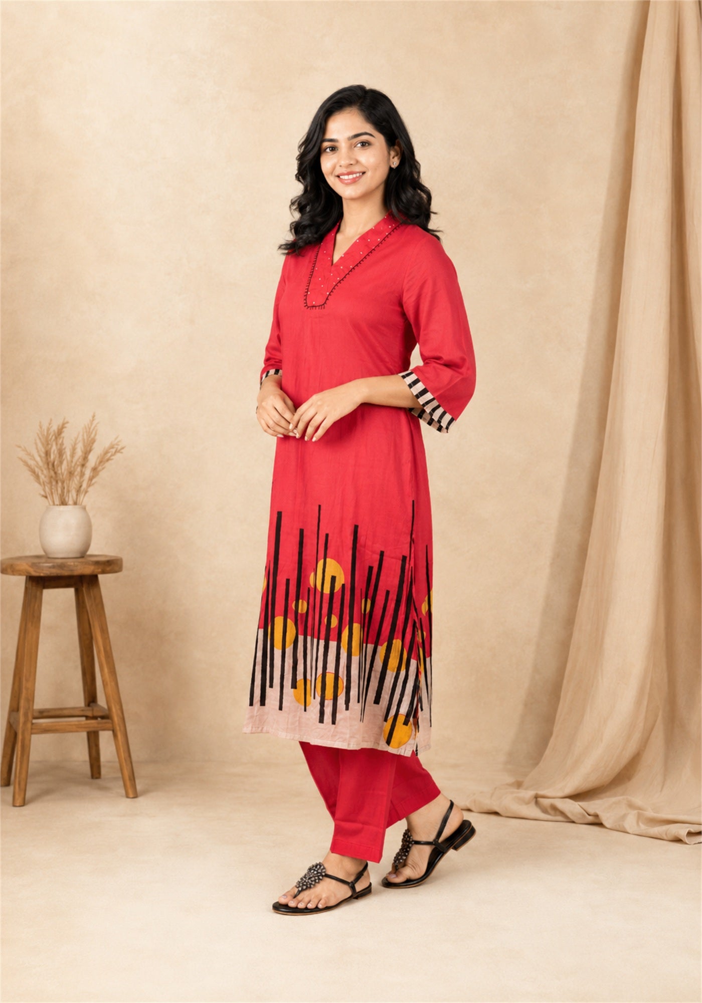 Red Cotton Floral Border Kurta Pant Set - Ashoka Threads - K2-D4-26-RED - view 6