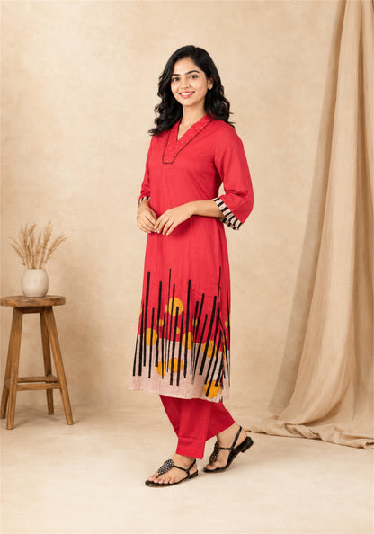 Red Cotton Floral Border Kurta Pant Set - Ashoka Threads - K2-D4-26-RED - view 6