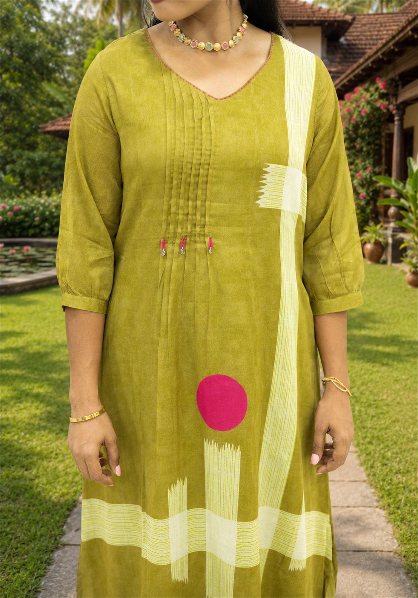 Mustard Green Cotton Floral Kurta Pant Set - Ashoka Threads - K2-D5-26-MUS - view 1