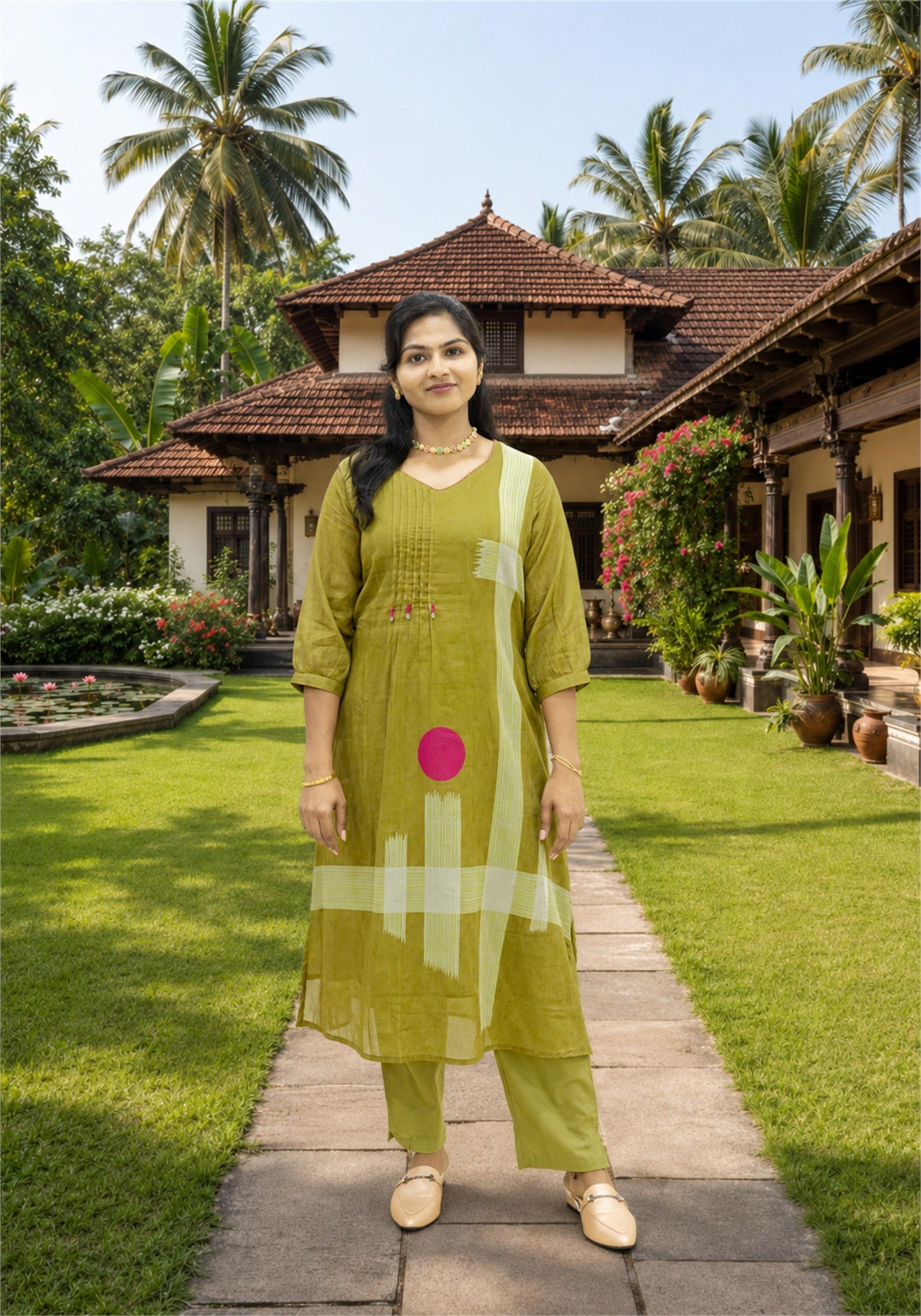 Mustard Green Cotton Floral Kurta Pant Set - Ashoka Threads - K2-D5-26-MUS - view 3