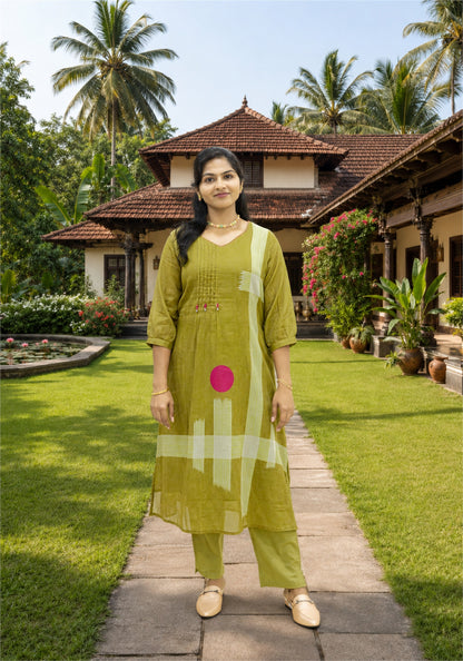 Mustard Green Cotton Floral Kurta Pant Set - Ashoka Threads - K2-D5-26-MUS - view 3