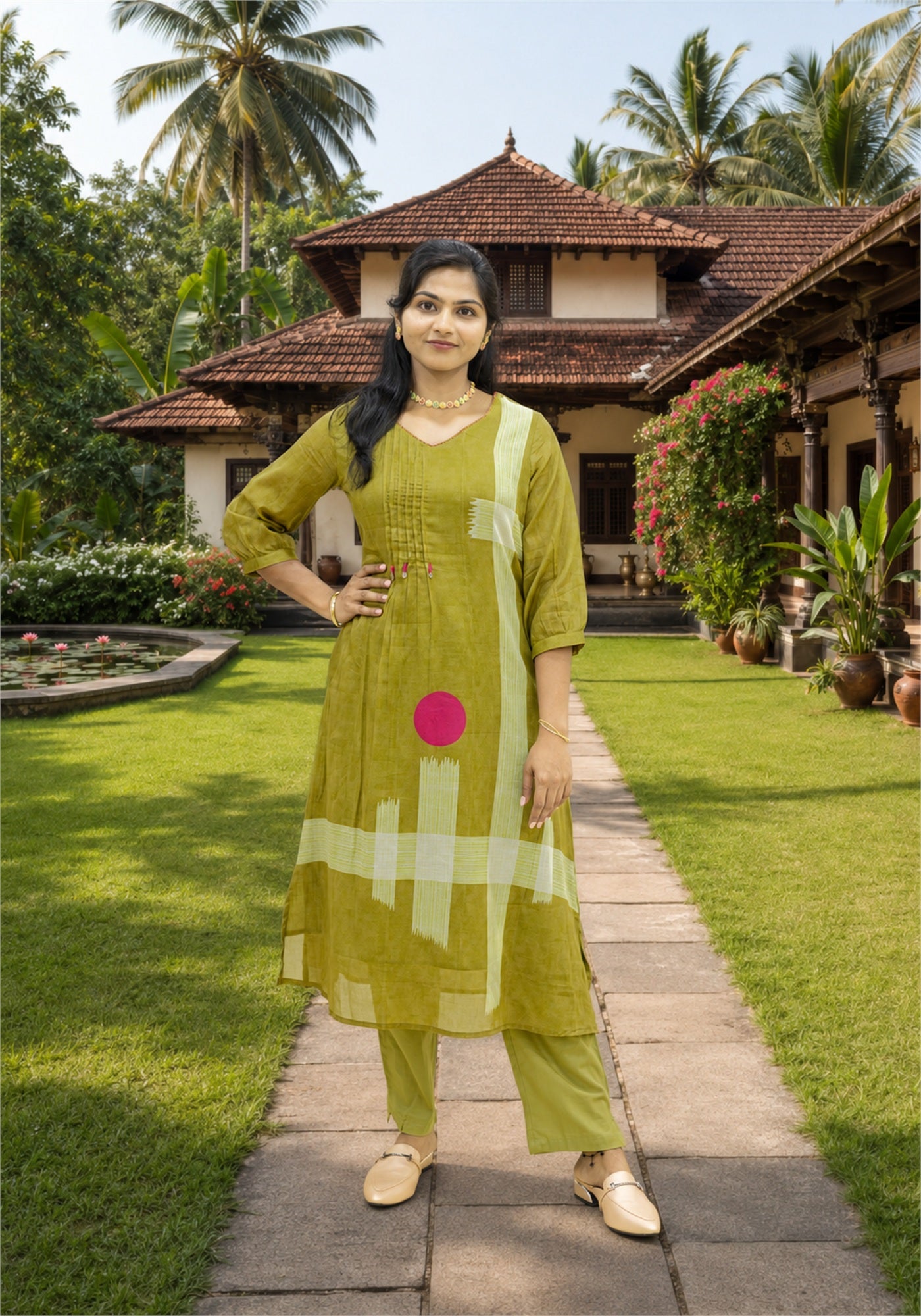 Mustard Green Cotton Floral Kurta Pant Set - Ashoka Threads - K2-D5-26-MUS - view 4