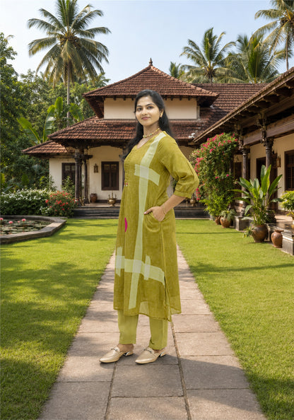Mustard Green Cotton Floral Kurta Pant Set - Ashoka Threads - K2-D5-26-MUS - view 5