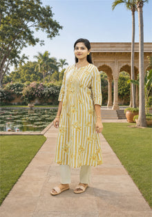 Beige Cream Cotton Stripe Floral Kurta Pant Set - Ashoka Threads