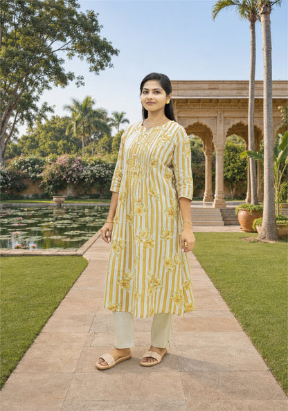 Beige Cream Cotton Stripe Floral Kurta Pant Set - Ashoka Threads - K2-D6-26-BEI - view 1