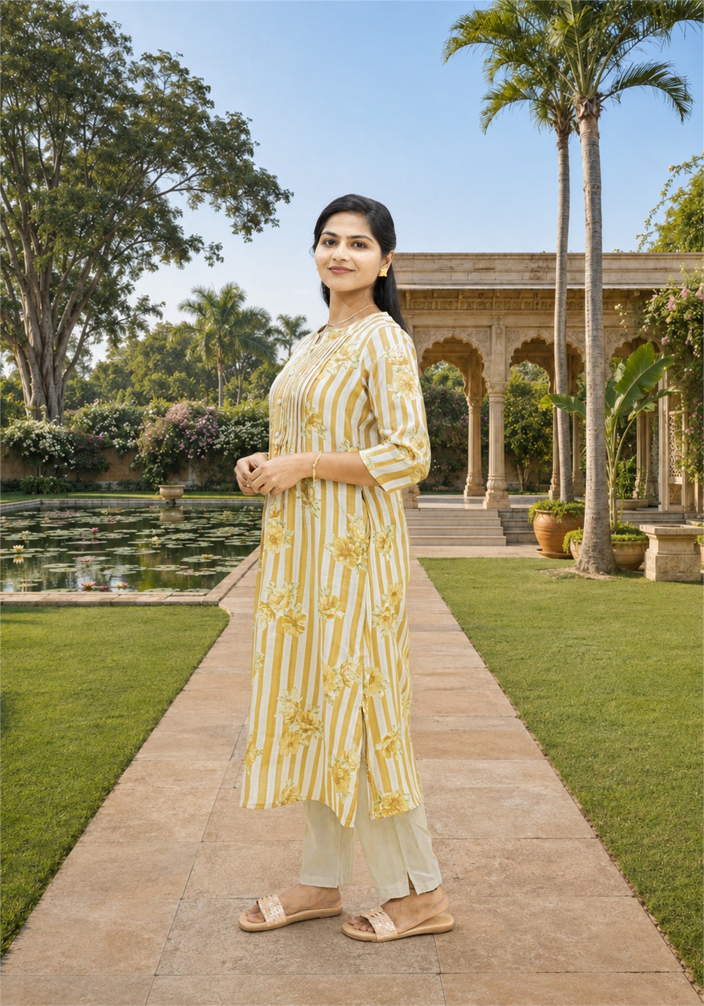 Beige Cream Cotton Stripe Floral Kurta Pant Set - Ashoka Threads - K2-D6-26-BEI - view 2