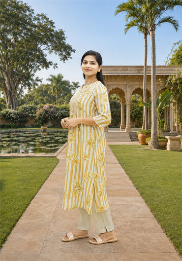 Beige Cream Cotton Stripe Floral Kurta Pant Set - Ashoka Threads - K2-D6-26-BEI - view 2