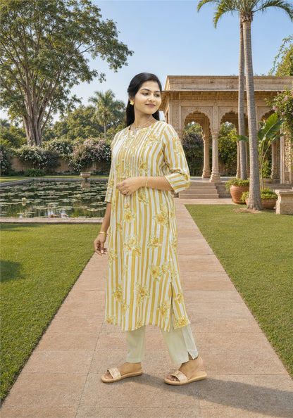 Beige Cream Cotton Stripe Floral Kurta Pant Set - Ashoka Threads - K2-D6-26-BEI - view 3