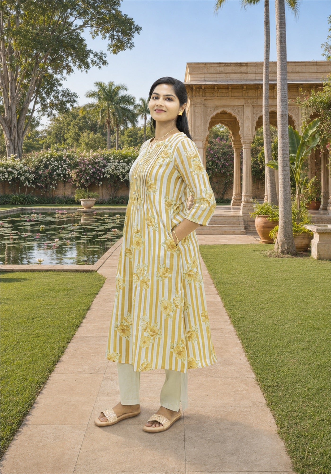 Beige Cream Cotton Stripe Floral Kurta Pant Set - Ashoka Threads - K2-D6-26-BEI - view 4