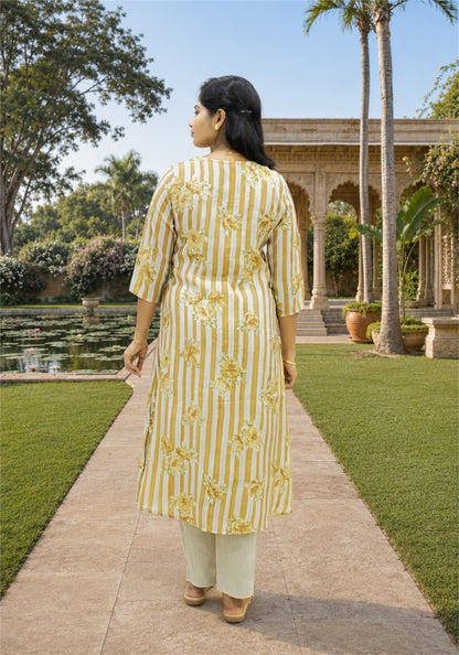 Beige Cream Cotton Stripe Floral Kurta Pant Set - Ashoka Threads - K2-D6-26-BEI - view 5