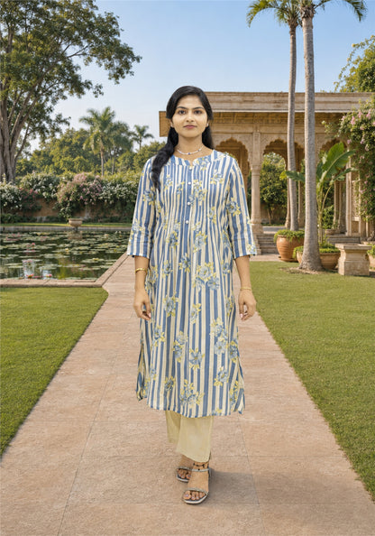 Blue Cream Cotton Stripe Floral Kurta Pant Set - Ashoka Threads - K2-D6-26-BLU - view 1
