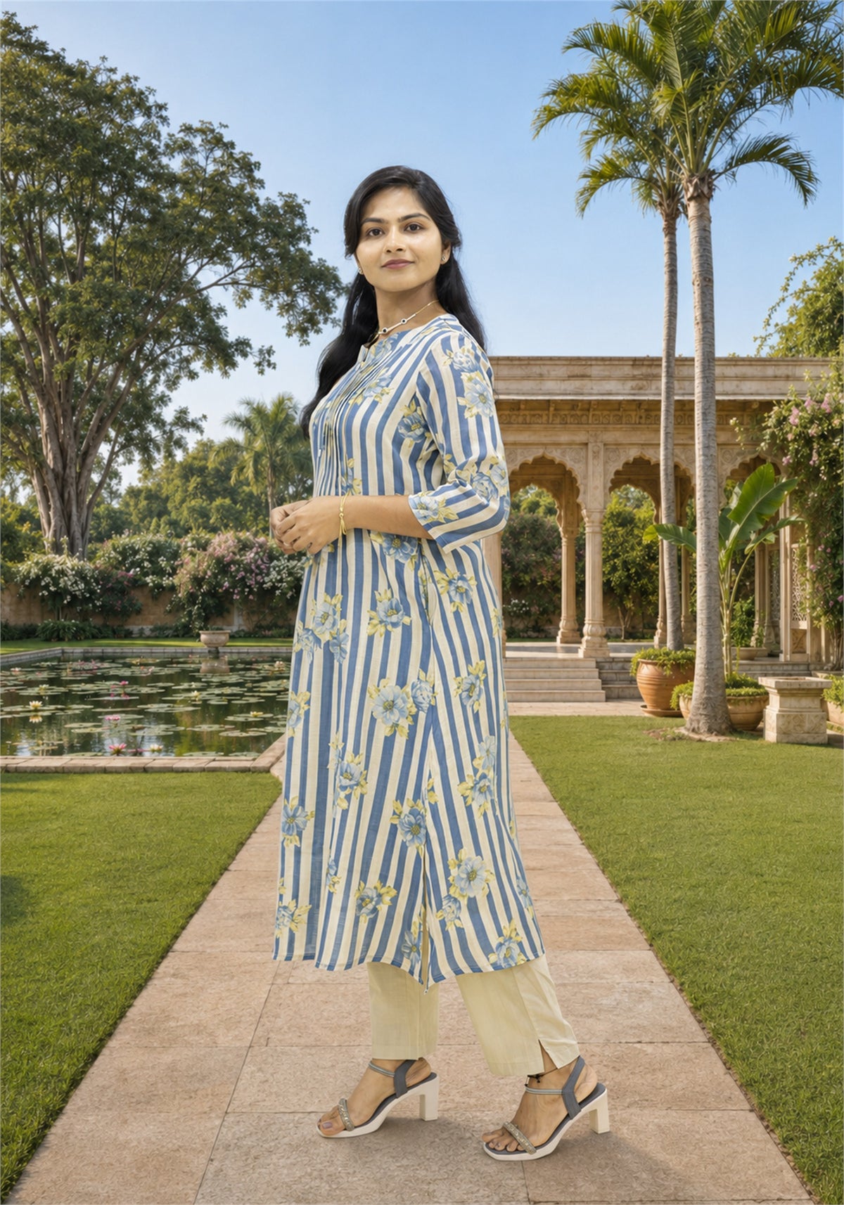 Blue Cream Cotton Stripe Floral Kurta Pant Set - Ashoka Threads