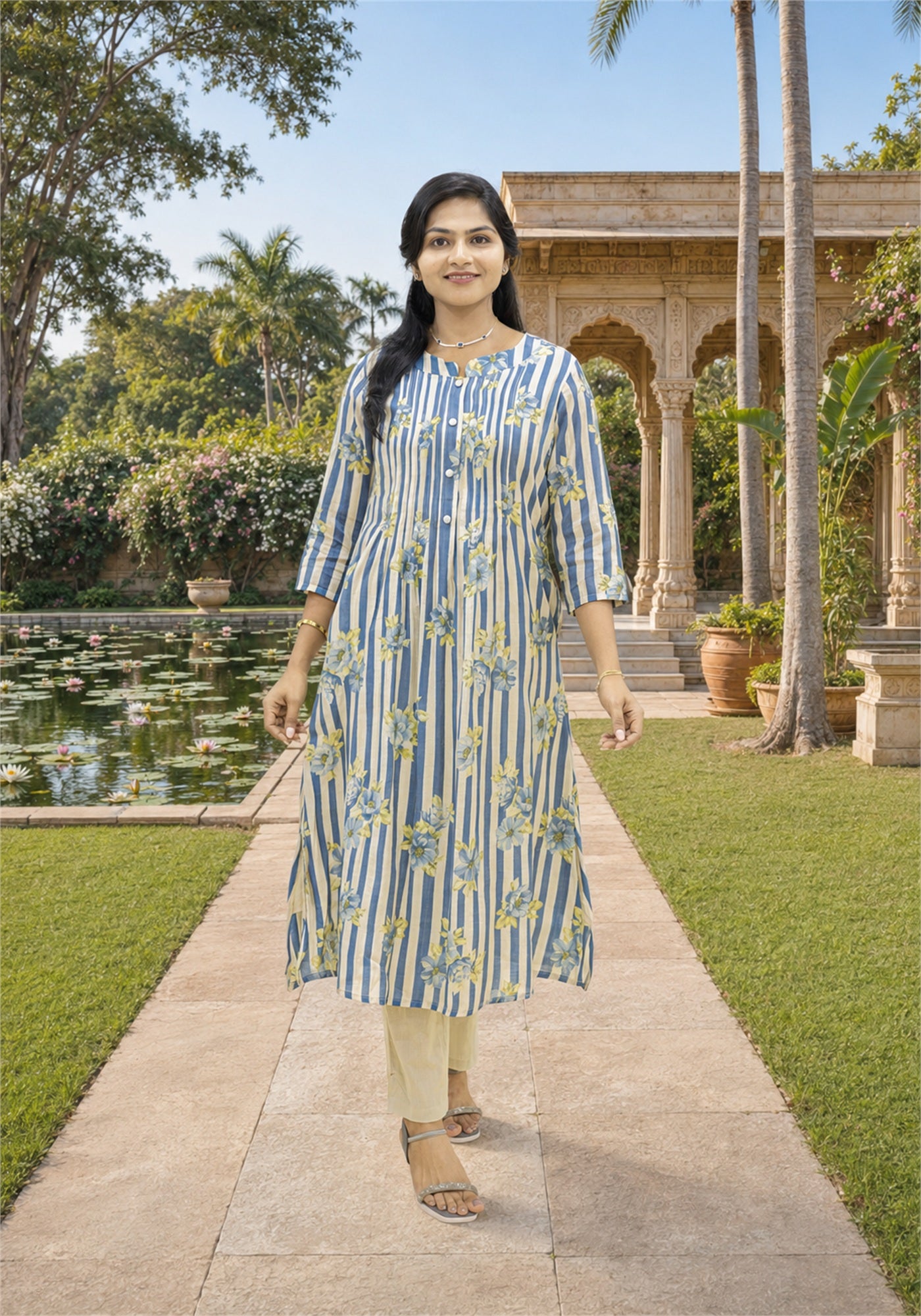Blue Cream Cotton Stripe Floral Kurta Pant Set - Ashoka Threads - K2-D6-26-BLU - view 3