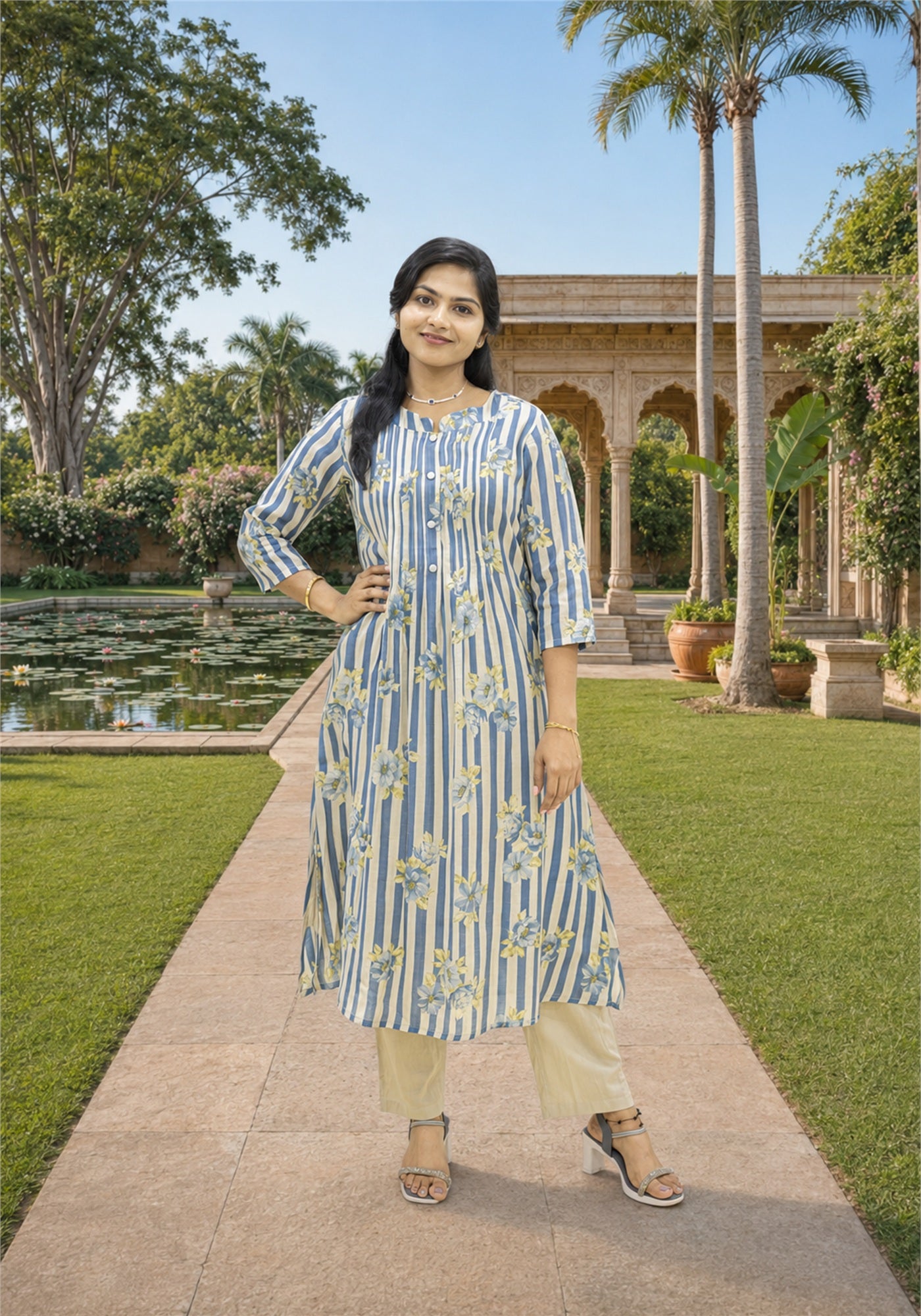 Blue Cream Cotton Stripe Floral Kurta Pant Set - Ashoka Threads - K2-D6-26-BLU - view 4