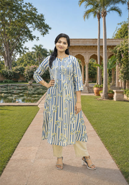 Blue Cream Cotton Stripe Floral Kurta Pant Set - Ashoka Threads - K2-D6-26-BLU - view 4