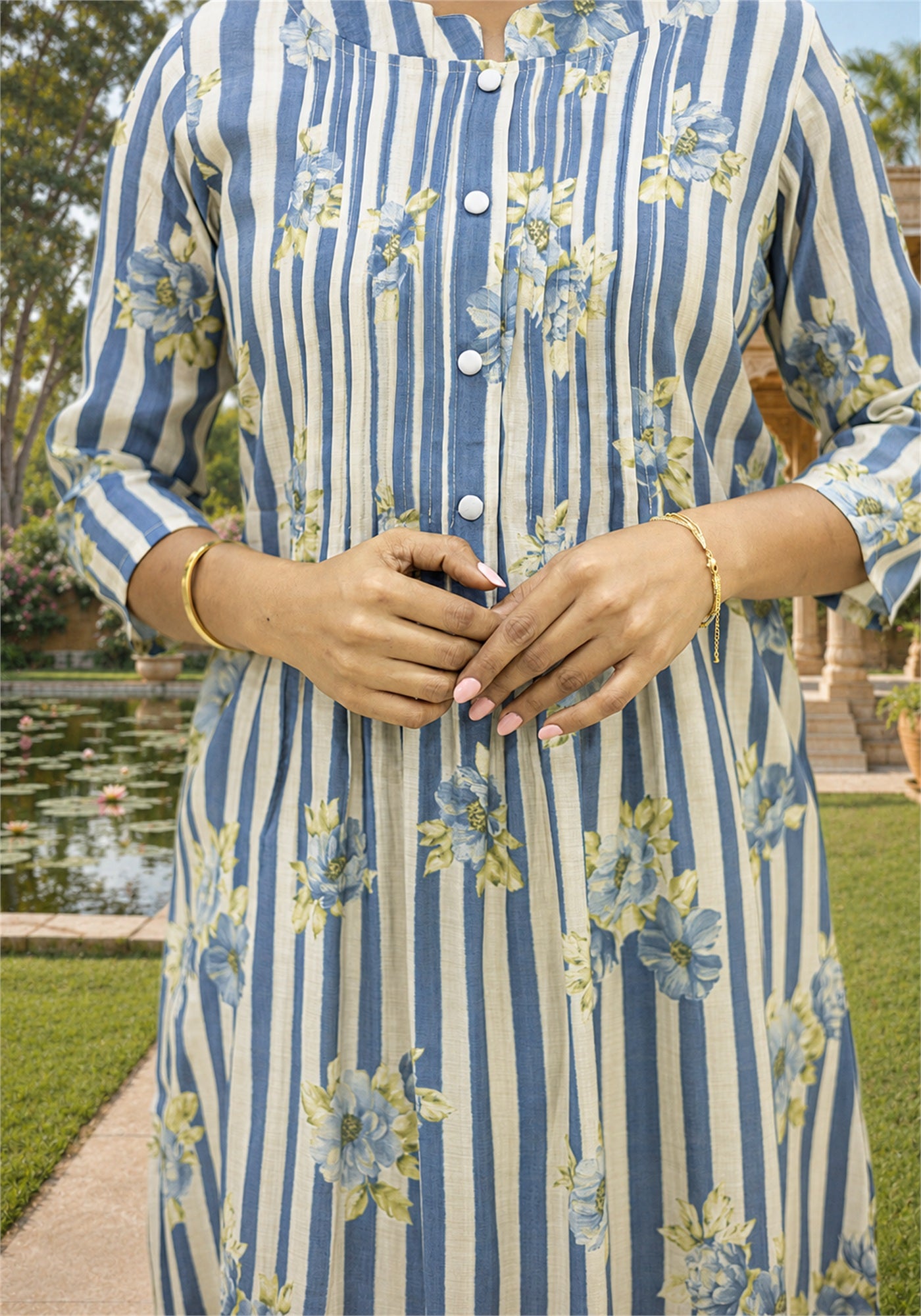 Blue Cream Cotton Stripe Floral Kurta Pant Set - Ashoka Threads - K2-D6-26-BLU - view 5
