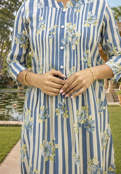 Blue Cream Cotton Stripe Floral Kurta Pant Set - Ashoka Threads - K2-D6-26-BLU - view 5