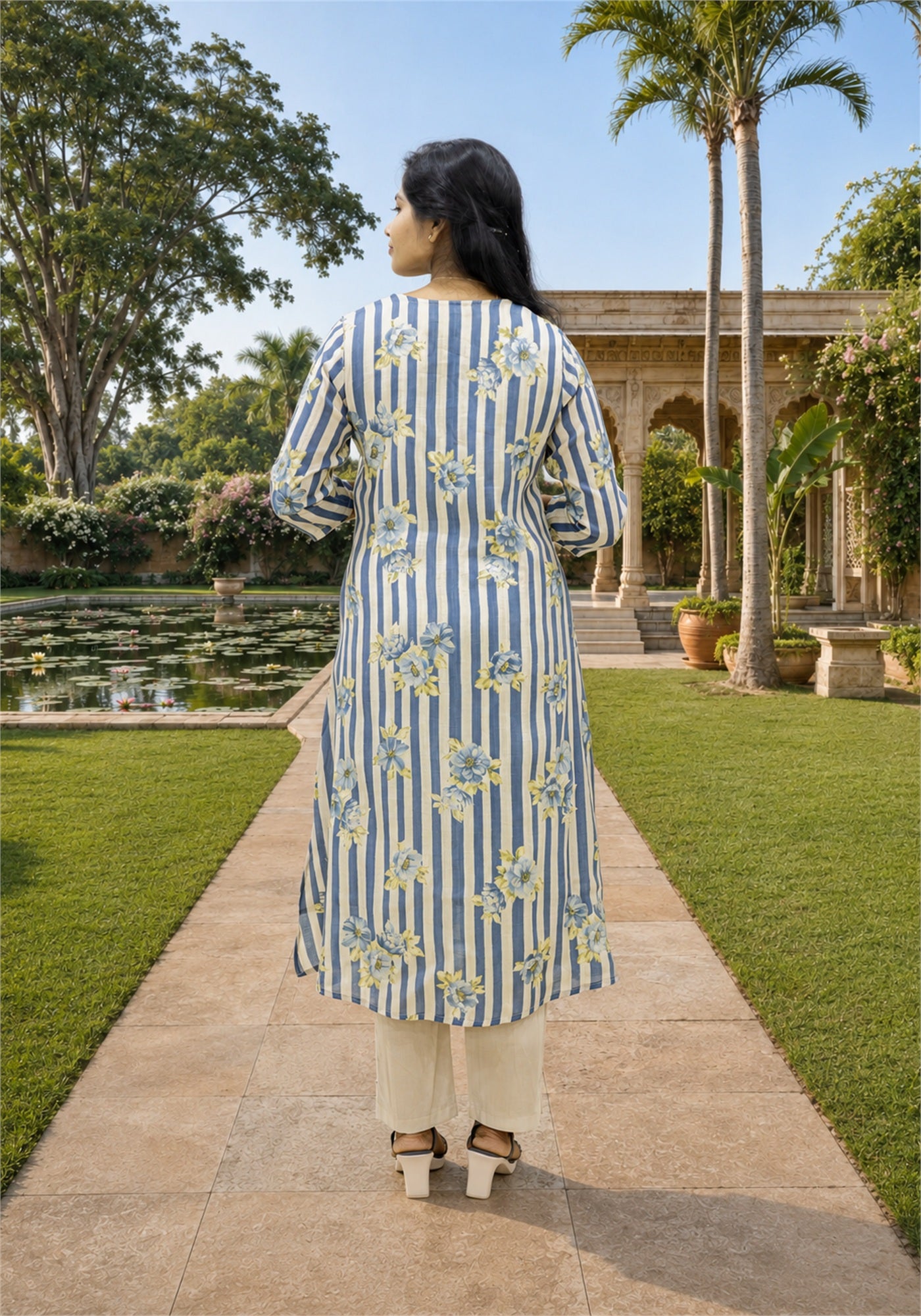 Blue Cream Cotton Stripe Floral Kurta Pant Set - Ashoka Threads - K2-D6-26-BLU - view 6