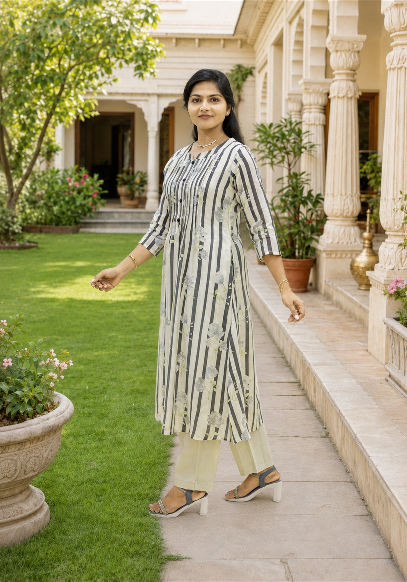 White Black Cotton Stripe Floral Kurta Pant Set - Ashoka Threads - K2-D7-26-WHT - view 2