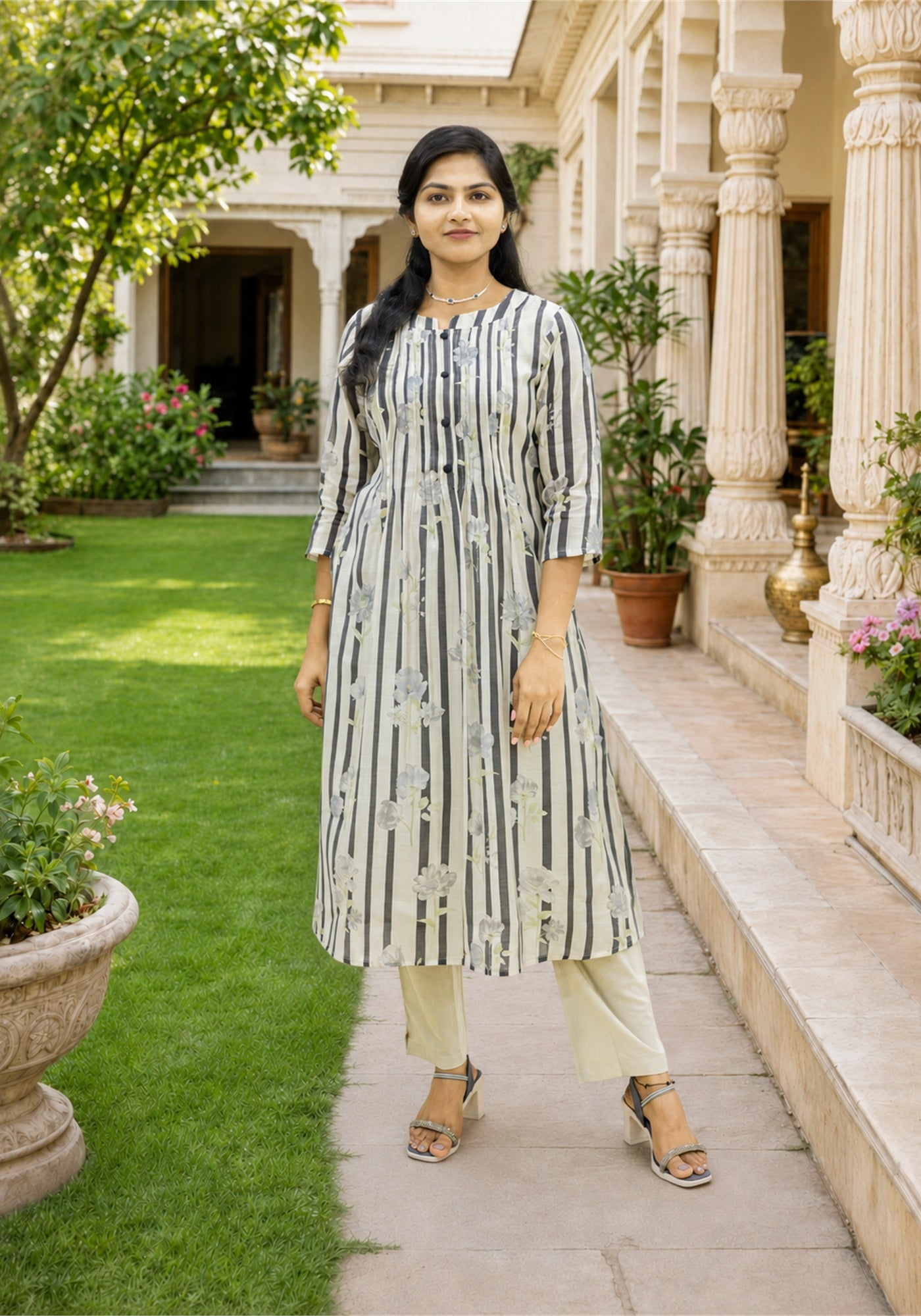 White Black Cotton Stripe Floral Kurta Pant Set - Ashoka Threads - K2-D7-26-WHT - view 3