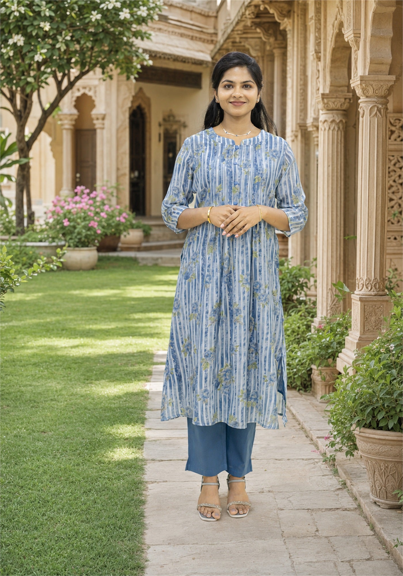 Light Blue Cotton Floral Kurta Pant Set - Ashoka Threads - K2-D8-26-BLU - view 1