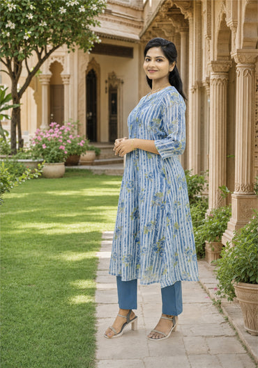 Light Blue Cotton Floral Kurta Pant Set - Ashoka Threads - K2-D8-26-BLU - view 2