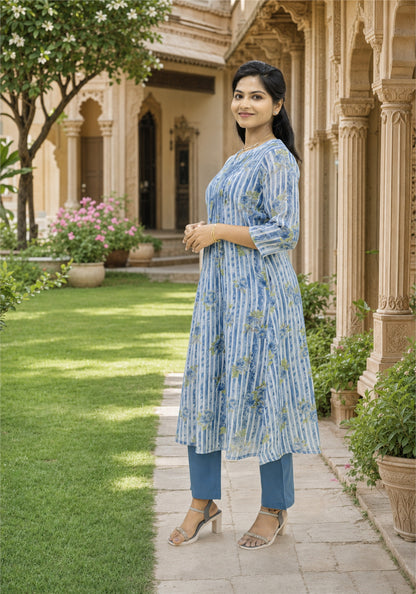 Light Blue Cotton Floral Kurta Pant Set - Ashoka Threads - K2-D8-26-BLU - view 2