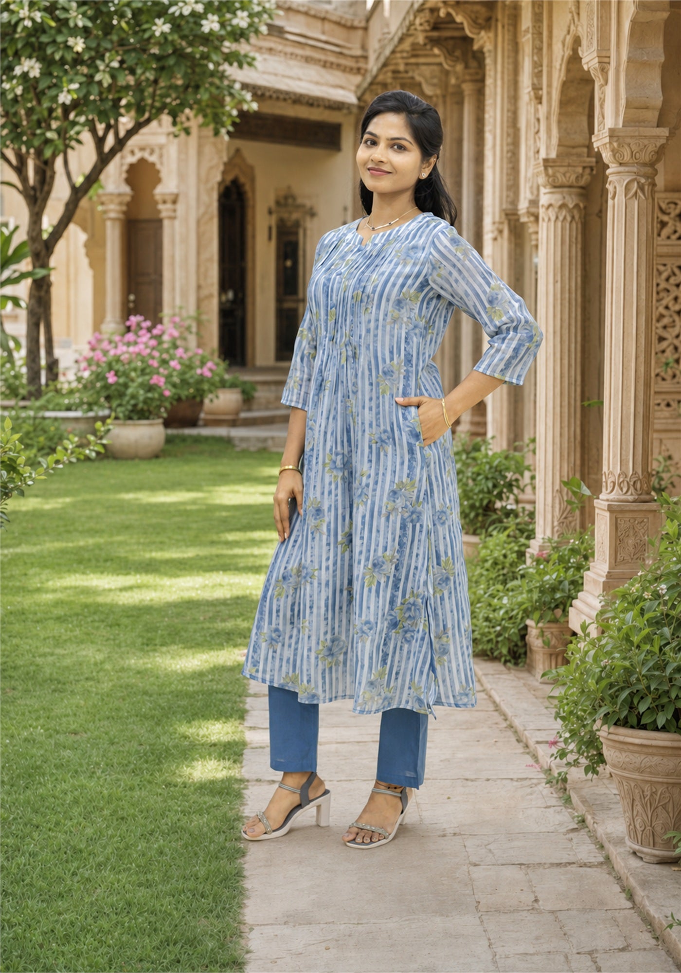 Light Blue Cotton Floral Kurta Pant Set - Ashoka Threads - K2-D8-26-BLU - view 3
