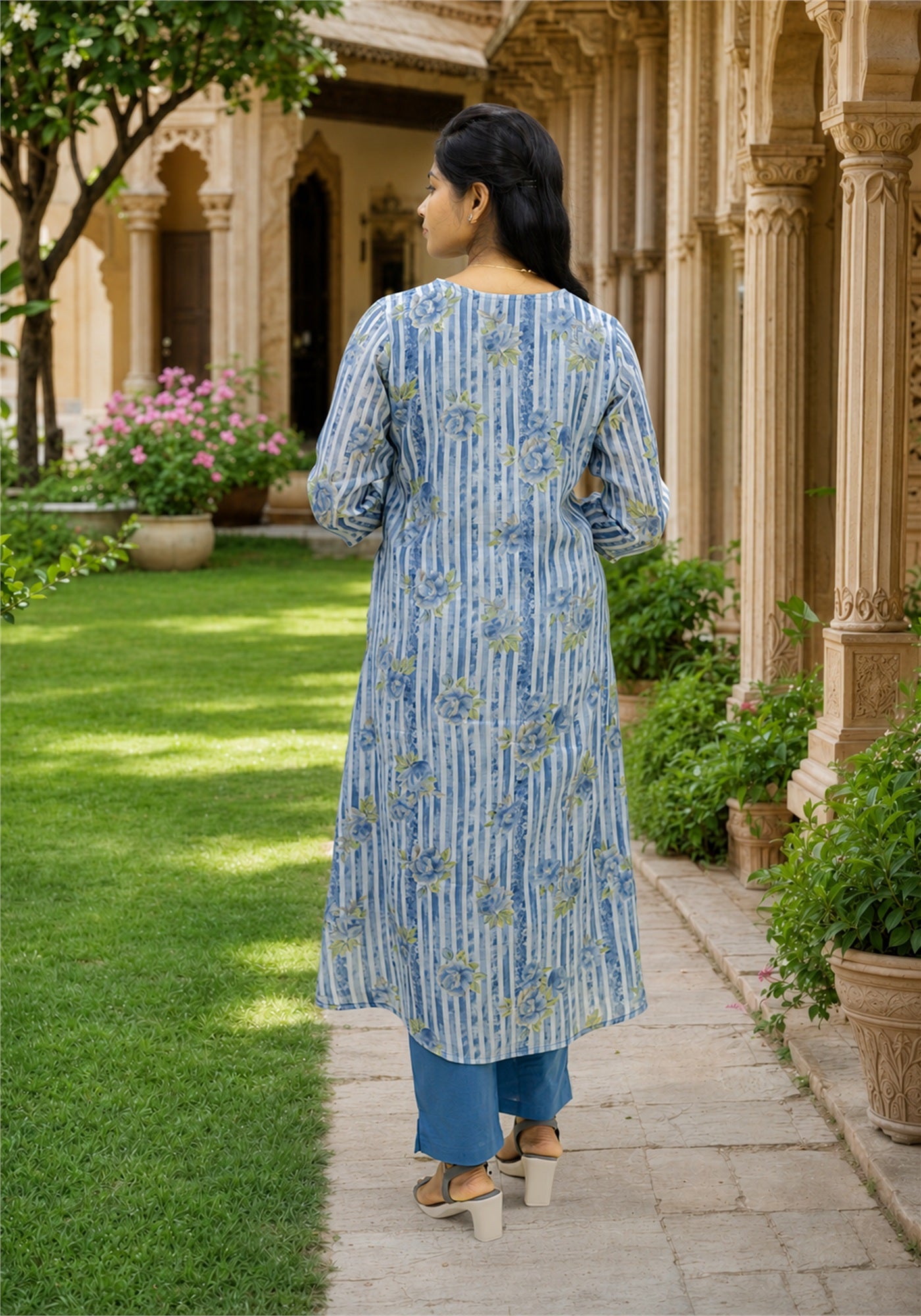 Light Blue Cotton Floral Kurta Pant Set - Ashoka Threads - K2-D8-26-BLU - view 6