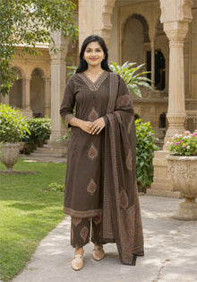 Coffee Brown Cotton Paisley Kurta Pant Set with Dupatta - Ashoka Threads