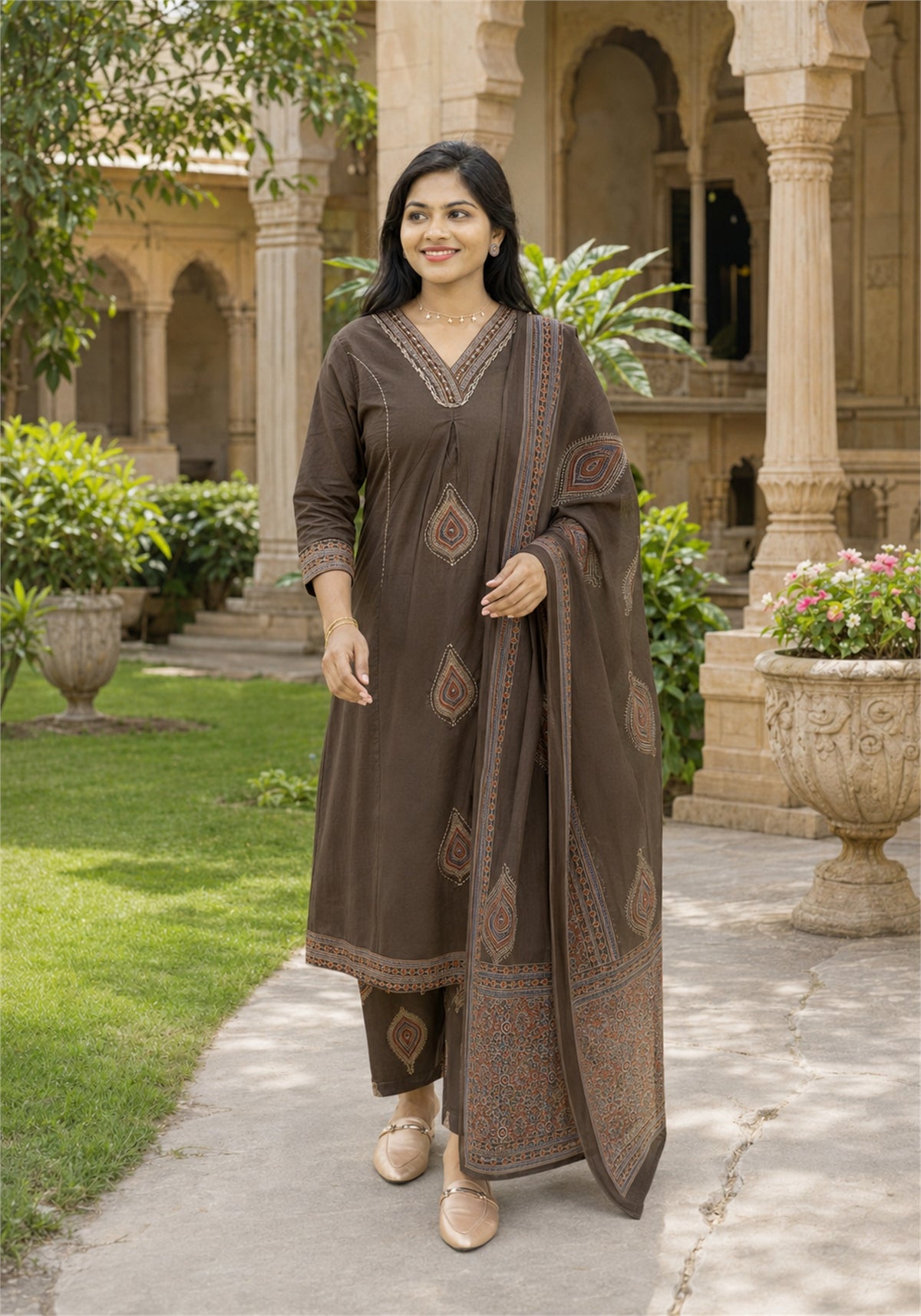 Coffee Brown Cotton Paisley Kurta Pant Set with Dupatta - Ashoka Threads