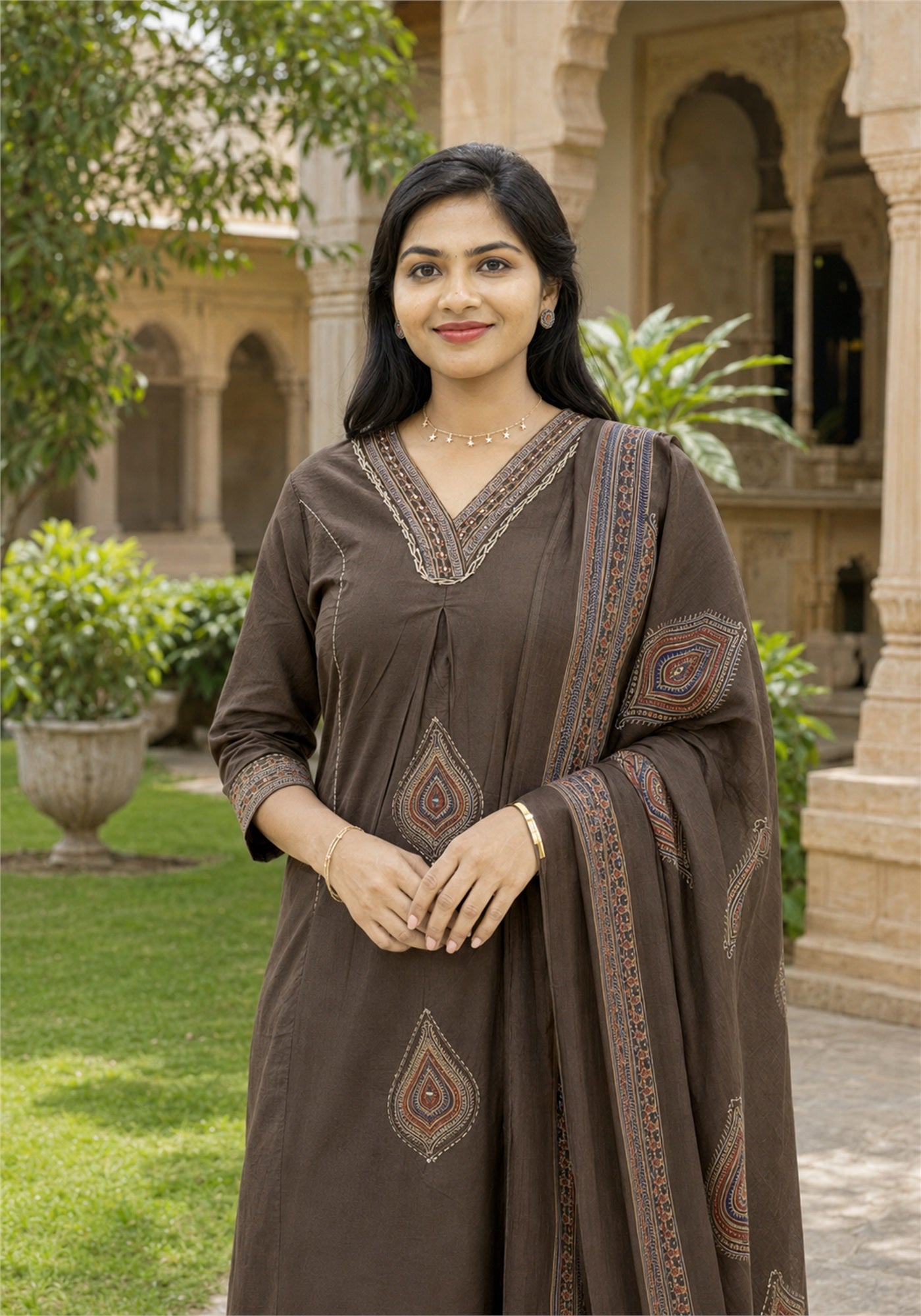 Coffee Brown Cotton Paisley Kurta Pant Set with Dupatta - Ashoka Threads - K3-D12-26-CBR - view 3