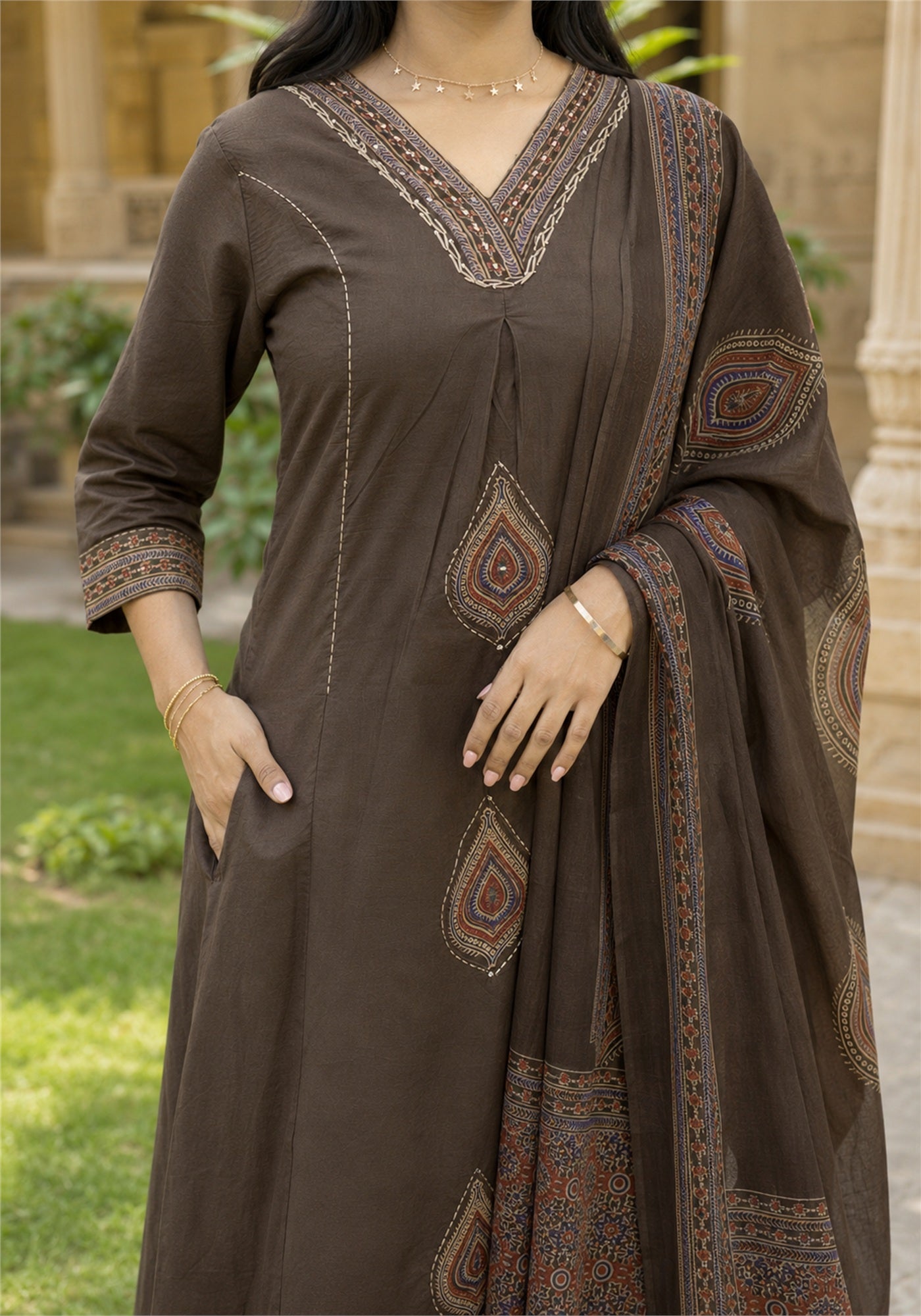 Coffee Brown Cotton Paisley Kurta Pant Set with Dupatta - Ashoka Threads - K3-D12-26-CBR - view 4