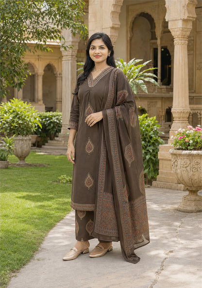 Coffee Brown Cotton Paisley Kurta Pant Set with Dupatta - Ashoka Threads - K3-D12-26-CBR - view 5