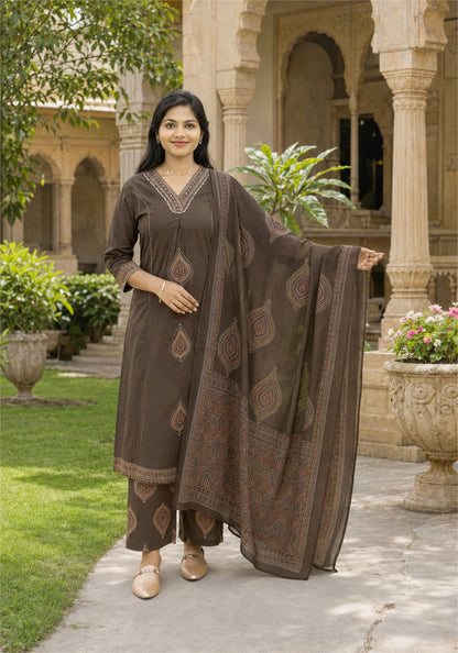 Coffee Brown Cotton Paisley Kurta Pant Set with Dupatta - Ashoka Threads - K3-D12-26-CBR - view 6
