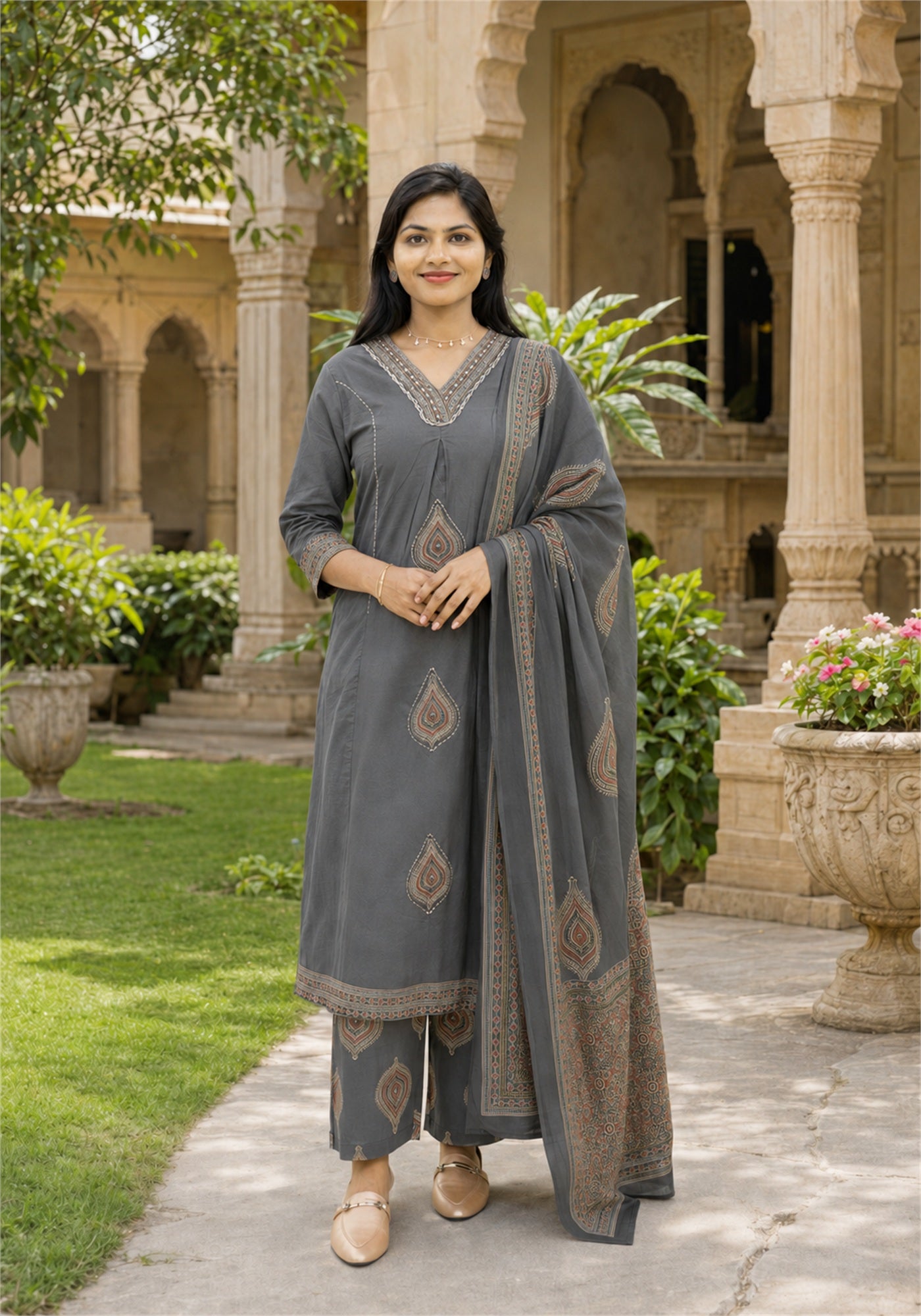 Charcoal Grey Cotton Paisley Border Kurta Pant Set with Dupatta - Ashoka Threads - K3-D12-26-CGR - view 1