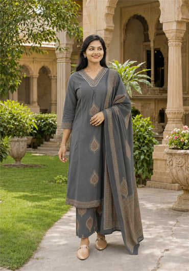 Charcoal Grey Cotton Paisley Border Kurta Pant Set with Dupatta - Ashoka Threads - K3-D12-26-CGR - view 2