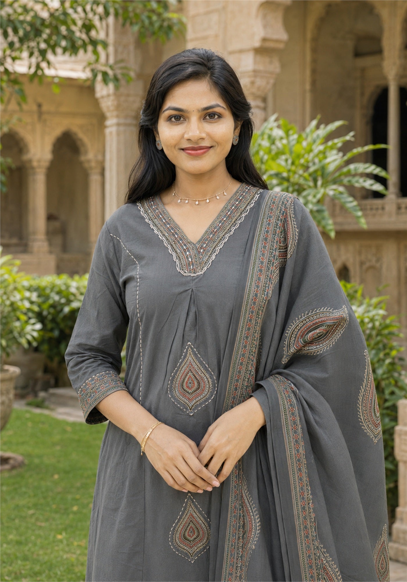 Charcoal Grey Cotton Paisley Border Kurta Pant Set with Dupatta - Ashoka Threads - K3-D12-26-CGR - view 3